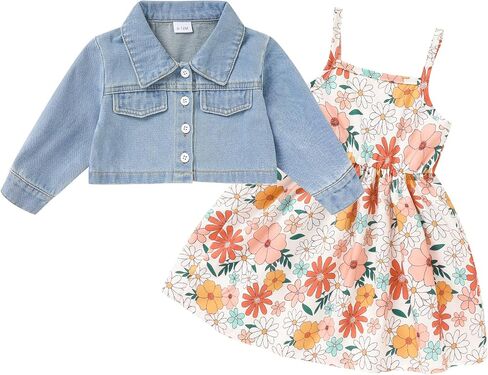 Baby Girls Floral Suspender Dress & Long-Sleeved Toddler Girl's Lovely Denim Jacket Outfit Cardigan Set in Saudi Arabia