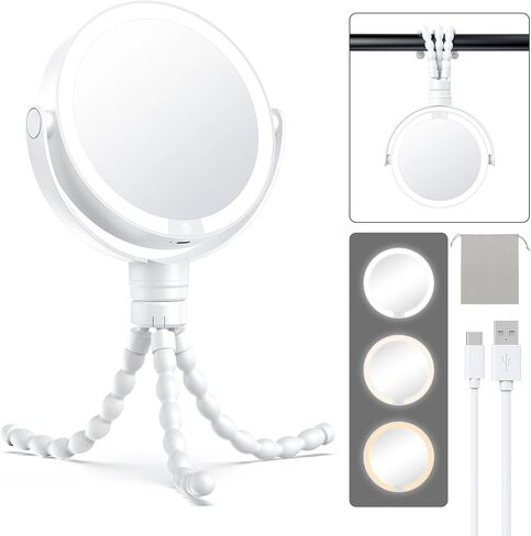 Gospire 5.85" Tripod Travel Makeup Mirror with Light and Magnification 1X/10X, 4 in 1 Winding Hanging Handheld Tabletop Mirror, 3 Color & Adjust Light Round Travel Mirror for Friend – Black in Saudi Arabia