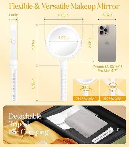 Gospire 5.85" Tripod Travel Makeup Mirror with Light and Magnification 1X/10X, 4 in 1 Winding Hanging Handheld Tabletop Mirror, 3 Color & Adjust Light Round Travel Mirror for Friend – Black in Saudi Arabia