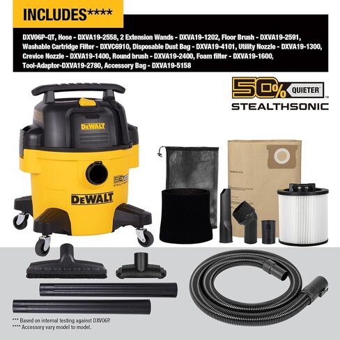 DEWALT 6 جالون STEALTHSONIC Wet Dry Shop Vac، شفط قوي ومكنسة متجر محمولة مع ملحقات، شوبفاك فائق الهدوء للمنزل، المرآب، السيارة، ورشة العمل، موقع العمل، DXV06P-QT، 5 ذروة HP in Kuwait