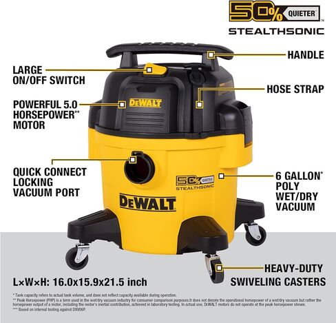 DEWALT 6 جالون STEALTHSONIC Wet Dry Shop Vac، شفط قوي ومكنسة متجر محمولة مع ملحقات، شوبفاك فائق الهدوء للمنزل، المرآب، السيارة، ورشة العمل، موقع العمل، DXV06P-QT، 5 ذروة HP in Kuwait