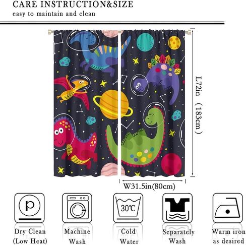 Kids Dino Outer Space Curtains,Cute Cartoon Dinosaur Starry Star Curtains Boys Girls Bedroom Living Room Study Room Baby Room Rod Pocket Window Drapes Set 2 Panels,42x45 Inches, Style-1 in Saudi Arabia
