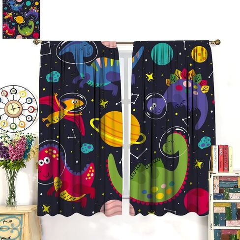 Kids Dino Outer Space Curtains,Cute Cartoon Dinosaur Starry Star Curtains Boys Girls Bedroom Living Room Study Room Baby Room Rod Pocket Window Drapes Set 2 Panels,42x45 Inches, Style-1 in Saudi Arabia