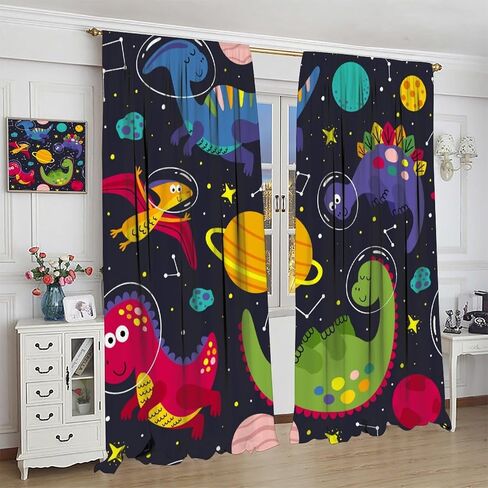Kids Dino Outer Space Curtains,Cute Cartoon Dinosaur Starry Star Curtains Boys Girls Bedroom Living Room Study Room Baby Room Rod Pocket Window Drapes Set 2 Panels,42x45 Inches, Style-1 in Saudi Arabia