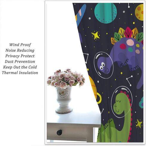 Kids Dino Outer Space Curtains,Cute Cartoon Dinosaur Starry Star Curtains Boys Girls Bedroom Living Room Study Room Baby Room Rod Pocket Window Drapes Set 2 Panels,42x45 Inches, Style-1 in Saudi Arabia