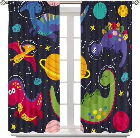 Kids Dino Outer Space Curtains,Cute Cartoon Dinosaur Starry Star Curtains Boys Girls Bedroom Living Room Study Room Baby Room Rod Pocket Window Drapes Set 2 Panels,42x45 Inches, Style-1 in Saudi Arabia