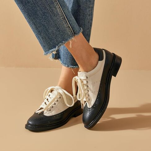 BEAU TODAY Women's Oxfords, Leather Brogue Dress Oxford Shoes, Classic Wingtip Lace-up Saddle Shoes for Women, Comfortable Casual Business Office Vintage Flat Shoes in Kuwait