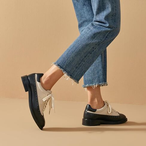 BEAU TODAY Women's Oxfords, Leather Brogue Dress Oxford Shoes, Classic Wingtip Lace-up Saddle Shoes for Women, Comfortable Casual Business Office Vintage Flat Shoes in Kuwait