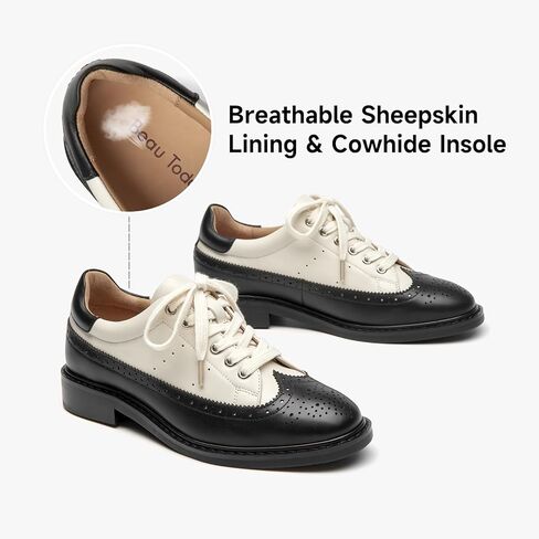 BEAU TODAY Women's Oxfords, Leather Brogue Dress Oxford Shoes, Classic Wingtip Lace-up Saddle Shoes for Women, Comfortable Casual Business Office Vintage Flat Shoes in Kuwait