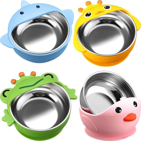 Nuogo 4 Packs 304 Stainless Steel Baby Bowls with Silicone Sleeve Kids Toddler Food Bowls with Suction Anti Slip Bowl with Cute Animal Design Safe Bowls for Baby Feeding Soup Noodle Pasta Snack in Kuwait