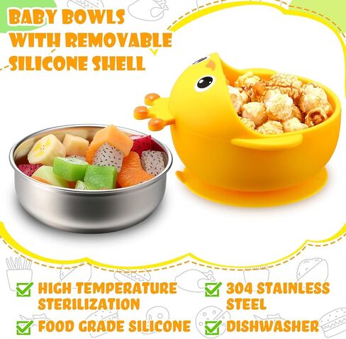 Nuogo 4 Packs 304 Stainless Steel Baby Bowls with Silicone Sleeve Kids Toddler Food Bowls with Suction Anti Slip Bowl with Cute Animal Design Safe Bowls for Baby Feeding Soup Noodle Pasta Snack in Kuwait