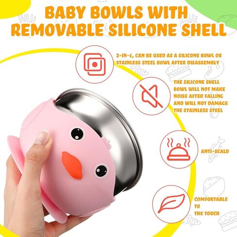 Nuogo 4 Packs 304 Stainless Steel Baby Bowls with Silicone Sleeve Kids Toddler Food Bowls with Suction Anti Slip Bowl with Cute Animal Design Safe Bowls for Baby Feeding Soup Noodle Pasta Snack in Kuwait
