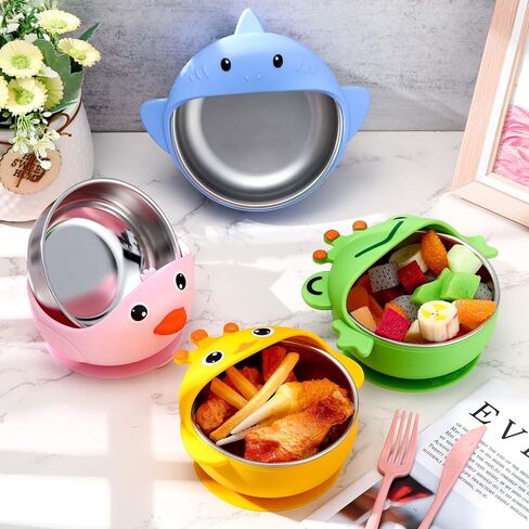 Nuogo 4 Packs 304 Stainless Steel Baby Bowls with Silicone Sleeve Kids Toddler Food Bowls with Suction Anti Slip Bowl with Cute Animal Design Safe Bowls for Baby Feeding Soup Noodle Pasta Snack in Kuwait