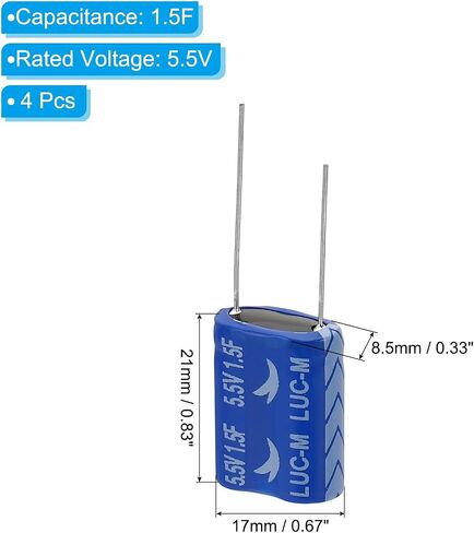 PATIKIL 2 قطعة 5.5 فولت 3.5F مكثف فائق، 0.79 × 0.39 × 1.06 بوصة مكثفات ألومنيوم فائقة، نوع ملفوف لتخزين الطاقة لتخزين الطاقة الاحتياطية على اللوحة in Saudi Arabia