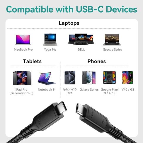 كابل USB-C Thunderbolt 5، شحن سريع 240 واط PD3.1، نقل بيانات 80 جيجابت في الثانية، كابل فيديو 16K@60 هرتز، متوافق مع Thunderbolt 4، iPhone 17/16/15، MacBook Air/Pro، iPad Pro/Air، Mac mini، 1.6FT in Saudi Arabia