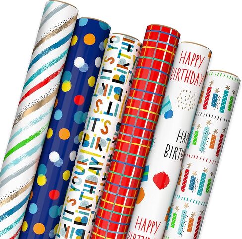 Hallmark Recycled Wrapping Paper with Cutlines on Reverse (3 Rolls: 60 Sq. Ft. Ttl) Red, Blue, Green, Gold Stripes, Candles, "Happy Birthday" for Kids and Adults in Saudi Arabia