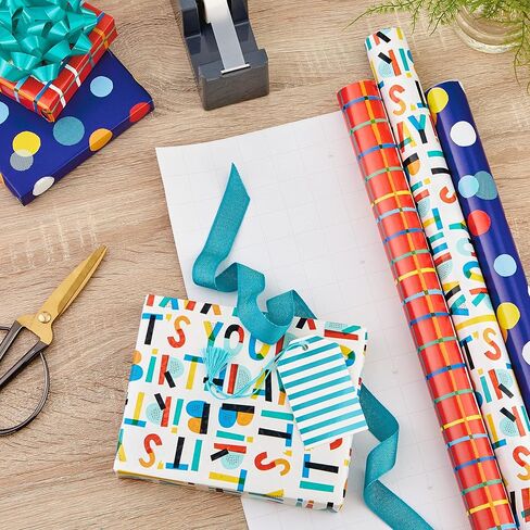 Hallmark Recycled Wrapping Paper with Cutlines on Reverse (3 Rolls: 60 Sq. Ft. Ttl) Red, Blue, Green, Gold Stripes, Candles, "Happy Birthday" for Kids and Adults in Saudi Arabia
