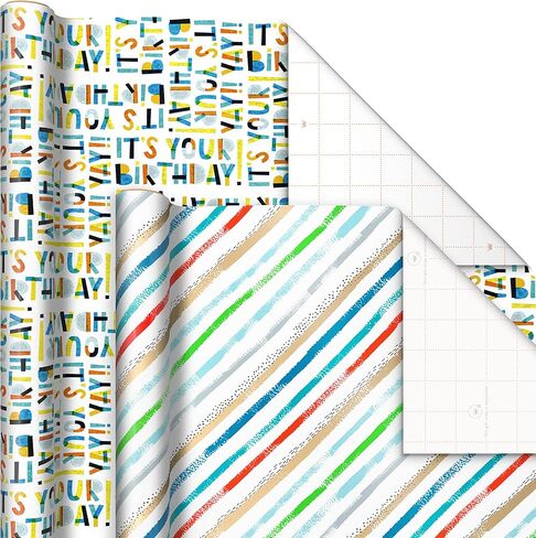 Hallmark Recycled Wrapping Paper with Cutlines on Reverse (3 Rolls: 60 Sq. Ft. Ttl) Red, Blue, Green, Gold Stripes, Candles, "Happy Birthday" for Kids and Adults in Saudi Arabia