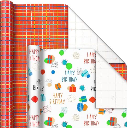 Hallmark Recycled Wrapping Paper with Cutlines on Reverse (3 Rolls: 60 Sq. Ft. Ttl) Red, Blue, Green, Gold Stripes, Candles, "Happy Birthday" for Kids and Adults in Saudi Arabia