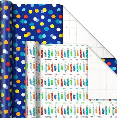 Hallmark Recycled Wrapping Paper with Cutlines on Reverse (3 Rolls: 60 Sq. Ft. Ttl) Red, Blue, Green, Gold Stripes, Candles, "Happy Birthday" for Kids and Adults in Saudi Arabia