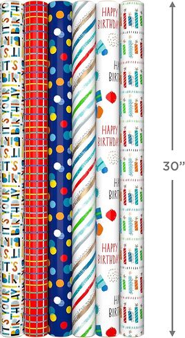 Hallmark Recycled Wrapping Paper with Cutlines on Reverse (3 Rolls: 60 Sq. Ft. Ttl) Red, Blue, Green, Gold Stripes, Candles, "Happy Birthday" for Kids and Adults in Saudi Arabia