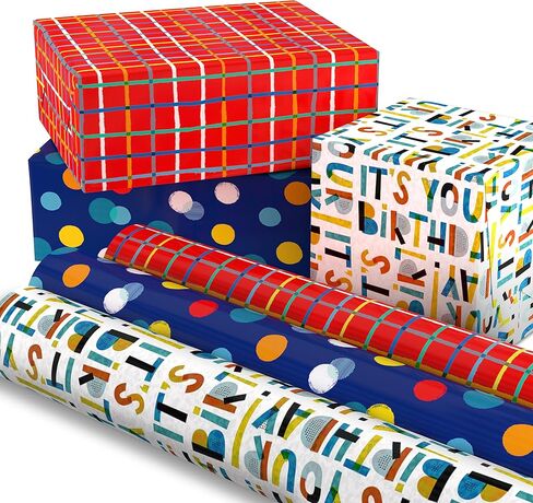 Hallmark Recycled Wrapping Paper with Cutlines on Reverse (3 Rolls: 60 Sq. Ft. Ttl) Red, Blue, Green, Gold Stripes, Candles, "Happy Birthday" for Kids and Adults in Saudi Arabia