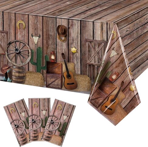 Tiamon 6 Pcs Western Party Tablecloth Western Cowboy Party Table Cover Cowboy Theme Plastic Tablecloth Wild West Wooden House Barn Door Table Cover for Western Theme Baby Shower Birthday Party (Retro) in Saudi Arabia