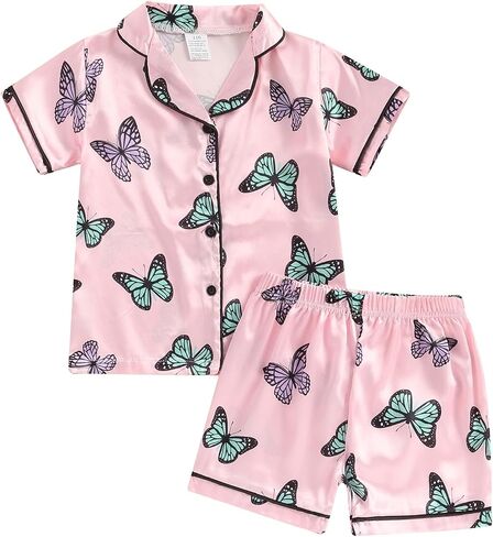 MAINESAKA Kids Baby Girl Boy Satin Pajamas Set Short sleeve Button Down Shirt And Shorts Pjs Summer Sleepwear Nightwear in Saudi Arabia