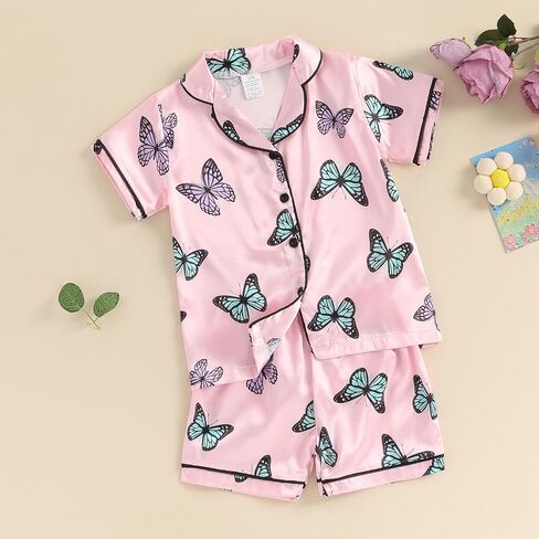 MAINESAKA Kids Baby Girl Boy Satin Pajamas Set Short sleeve Button Down Shirt And Shorts Pjs Summer Sleepwear Nightwear in Saudi Arabia