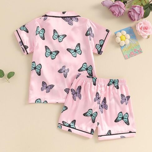 MAINESAKA Kids Baby Girl Boy Satin Pajamas Set Short sleeve Button Down Shirt And Shorts Pjs Summer Sleepwear Nightwear in Saudi Arabia