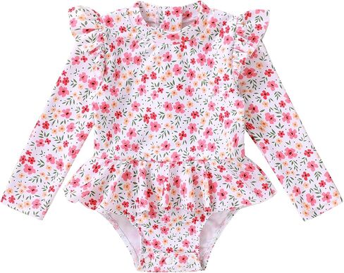 ملابس سباحة للأطفال من YOUNGER TREE بأكمام طويلة وسحّاب مكشكش وواقي من الطفح الجلدي للرضع قطعة واحدة ملابس سباحة للأطفال الصغار (زهور وردية صغيرة، 18-24 شهرًا) in Kuwait
