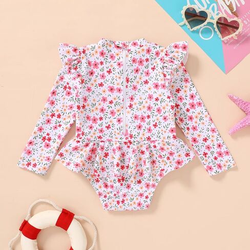 ملابس سباحة للأطفال من YOUNGER TREE بأكمام طويلة وسحّاب مكشكش وواقي من الطفح الجلدي للرضع قطعة واحدة ملابس سباحة للأطفال الصغار (زهور وردية صغيرة، 18-24 شهرًا) in Kuwait