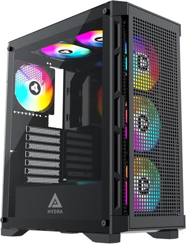 Apevia Hydra-BK Hydra Mid Tower Gaming PC Case w/ 6X 120mm ARGB Fans, 366 RGB Light Modes, High Performance Breathable Airflow Mesh Front Panel, Tempered Glass Side Panel, 1X USB3.0, 2X USB2.0, Black in Kuwait