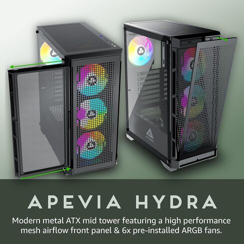 Apevia Hydra-BK Hydra Mid Tower Gaming PC Case w/ 6X 120mm ARGB Fans, 366 RGB Light Modes, High Performance Breathable Airflow Mesh Front Panel, Tempered Glass Side Panel, 1X USB3.0, 2X USB2.0, Black in Kuwait
