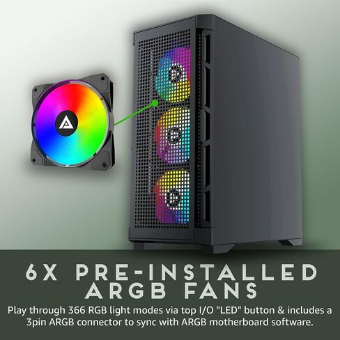 Apevia Hydra-BK Hydra Mid Tower Gaming PC Case w/ 6X 120mm ARGB Fans, 366 RGB Light Modes, High Performance Breathable Airflow Mesh Front Panel, Tempered Glass Side Panel, 1X USB3.0, 2X USB2.0, Black in Kuwait