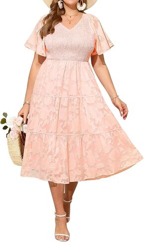 Pinup Fashion Plus Size Summer Casual V Neck Flutter Sleeve Floral Lace Smocked Flowy Tiered Midi Dresses 2024 in Saudi Arabia