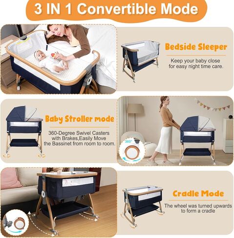 Baby Bassinet Bedside Sleeper,3 in 1 Baby Bassinet,Breathable Mesh Rocking Bassinets with Comfy Mattress and Wheels,6 Height Adjustable Easy Assemble & Folding Portable Baby Cradle in Saudi Arabia