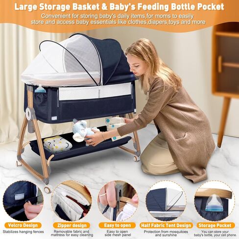 Baby Bassinet Bedside Sleeper,3 in 1 Baby Bassinet,Breathable Mesh Rocking Bassinets with Comfy Mattress and Wheels,6 Height Adjustable Easy Assemble & Folding Portable Baby Cradle in Saudi Arabia