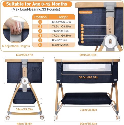 Baby Bassinet Bedside Sleeper,3 in 1 Baby Bassinet,Breathable Mesh Rocking Bassinets with Comfy Mattress and Wheels,6 Height Adjustable Easy Assemble & Folding Portable Baby Cradle in Saudi Arabia