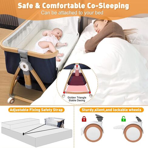 Baby Bassinet Bedside Sleeper,3 in 1 Baby Bassinet,Breathable Mesh Rocking Bassinets with Comfy Mattress and Wheels,6 Height Adjustable Easy Assemble & Folding Portable Baby Cradle in Saudi Arabia