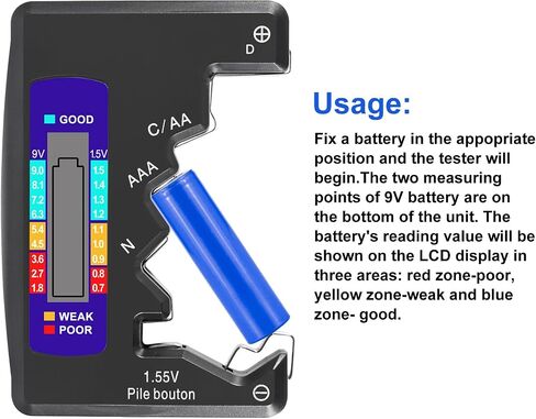 2PACK BT-886 جهاز اختبار البطارية فاحص البطارية للبطارية C D 9V AA AAA 1.5V - أسود in Kuwait