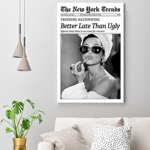 Osdfem Trendy Black and White Canvas Wall Art, Funky Girl Aesthetic Preppy Poster, Better Late Than Ugly Poster, Women Newspaper Art Print, Girls Dorm Apartment Picture 12x16in Unframed in Saudi Arabia