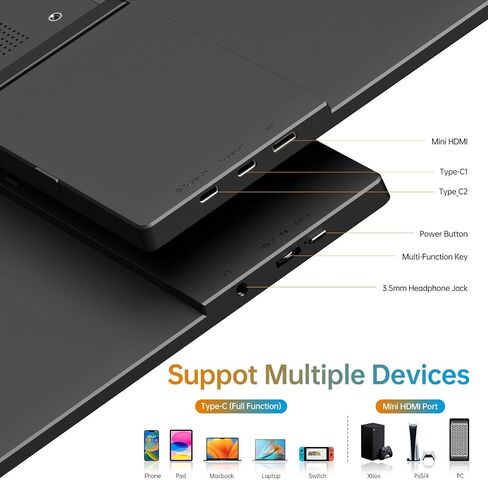 شاشة محمولة 15.6 بوصة 1080 بكسل USB-C HDMI شاشة سفر رفيعة للغاية مع مسند، لأجهزة الكمبيوتر المحمول والكمبيوتر الشخصي وهواتف Mac وPS وXbox وSwich IPS رفيعة للغاية بدون إطار شاشة ألعاب in Kuwait