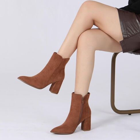 Athlefit Women's Heeled Ankle Boots Fashion Pointed Toe Chunky Block Heel Side Zipper Short Booties in Kuwait