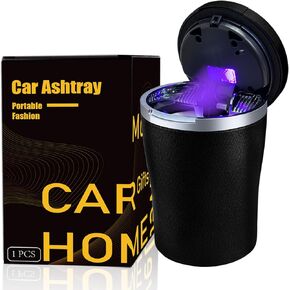 Car Ashtray with Lid Smell Proof,Smokeless Ashtray for Car with Carbon Fiber Pattern,Portable Ash Tray Ceramic Inner Wall with LED Car Accessories Ashtrays for Travel, RV,Outdoor,Home (Black)