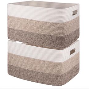 OIAHOMY 75L Cotton Rope Basket, 2 Pack Rectangle Woven Baskets for Storage, Blanket Basket for Living Room, Toy Basket With Handle, Large Baskets for Organizing-22"x17"x12"-Gradient Brown