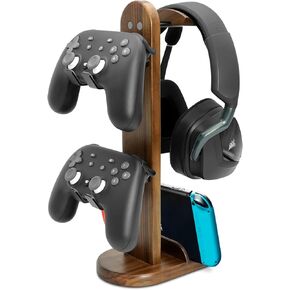 Controller Holder with Headphone Stand - Wood Gaming Controller Stand for Xbox PS5 PS4 Switch Pro, PC Gaming Accessories - Present Idea for Husband, Boyfriend, Gamers, Game Lover, Game Room Decor