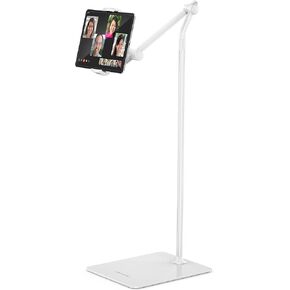 حامل أرضي للكمبيوتر اللوحي من OverTEK، حامل أرضي iPad أنيق قابل للتعديل، حامل كمبيوتر لوحي وهاتف من الألومنيوم يدور 360 درجة لسرير الأريكة، متوافق مع أجهزة iPhone 4.7"-13.5" وiPad Pro Air Mini 12.9، Kindles (أبيض)