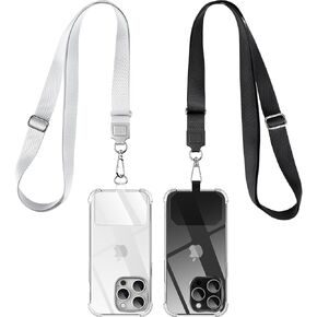 2 Pack Adjustable Phone Lanyard, 2× Neck Strap with 2× Durable Patches, Universal Cell Phone Multifunctional Patch Lanyards Compatible with Most Smartphone Cases (Black+Gray)