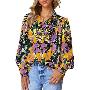 Womens Button Down Shirts Lantern Long Sleeve Dressy Casual Floral Printed Tops Chiffon Boho Trendy Blouses